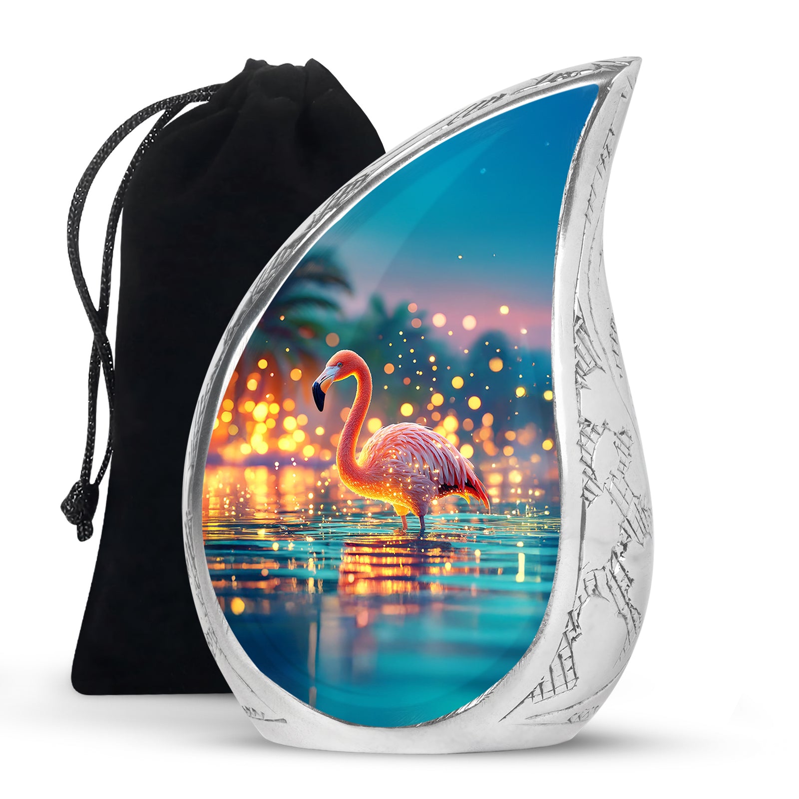 Cool Teal Flamingo Cremation Urn front view showing detailed design - rounded teardrop flamingo design with delicate detail - full-size 10 inch 200 cubic inch adult cremation urn