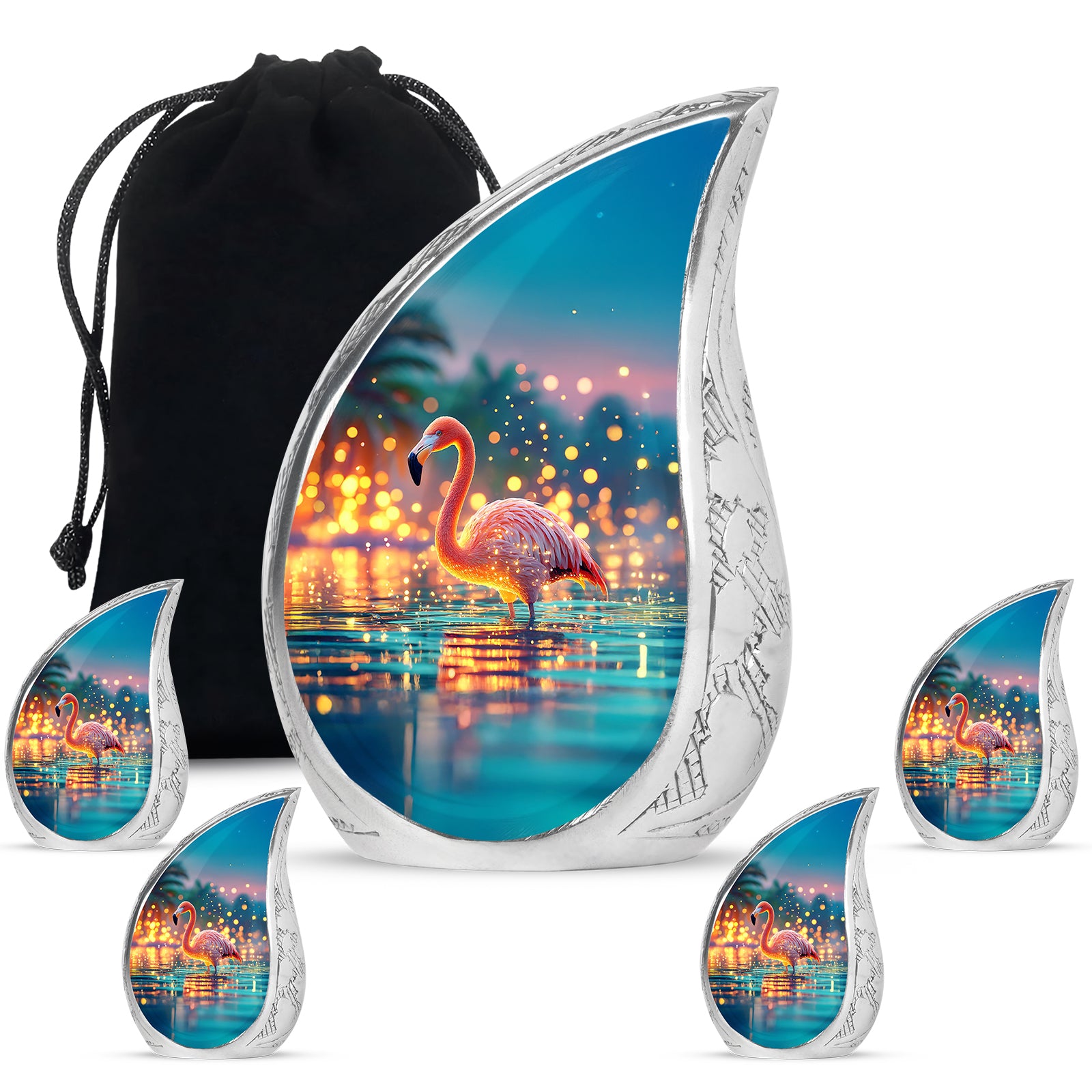 Vivid Teal Flamingo Cremation Urn side profile showing urn shape - graceful tear-shaped urn with flamingo motif - memorial set with one large and four small urns