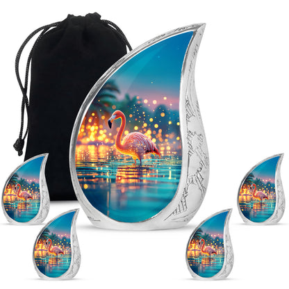 Vivid Teal Flamingo Cremation Urn side profile showing urn shape - graceful tear-shaped urn with flamingo motif - memorial set with one large and four small urns