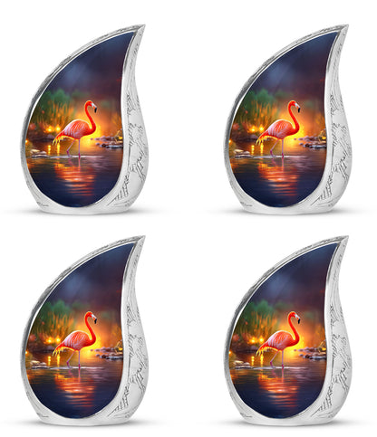 Icy Blue Flamingo Cremation Urn close-up of engraving and surface detail - rounded teardrop flamingo design with delicate detail - 10 inch aluminum urn for cremated remains