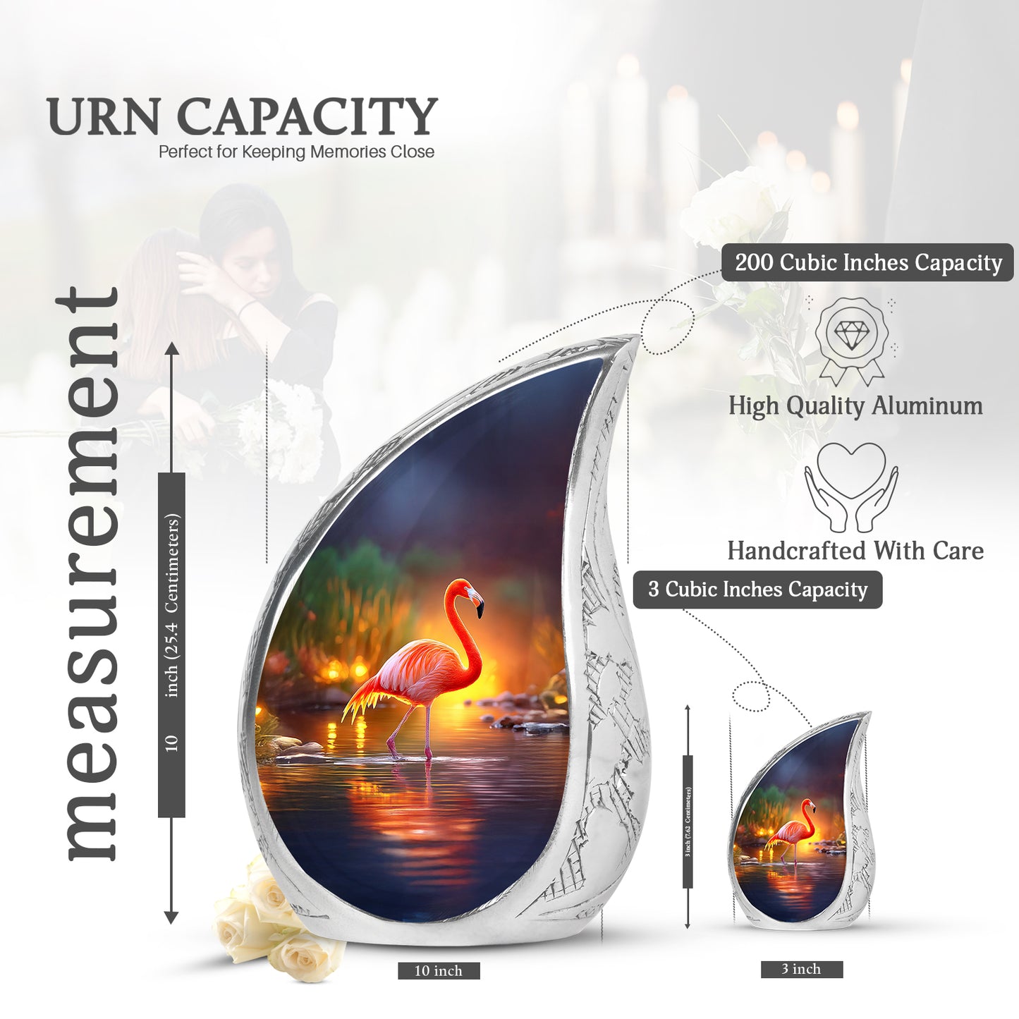 Twilight Blue Flamingo Cremation Urn angled view of lid and engraved motif - smooth teardrop contour featuring flamingo art - mini keepsake memorial for portion of cremation ashes
