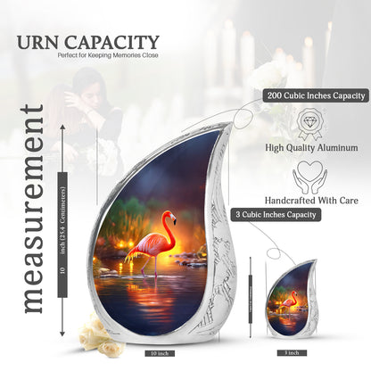 Twilight Blue Flamingo Cremation Urn angled view of lid and engraved motif - smooth teardrop contour featuring flamingo art - mini keepsake memorial for portion of cremation ashes