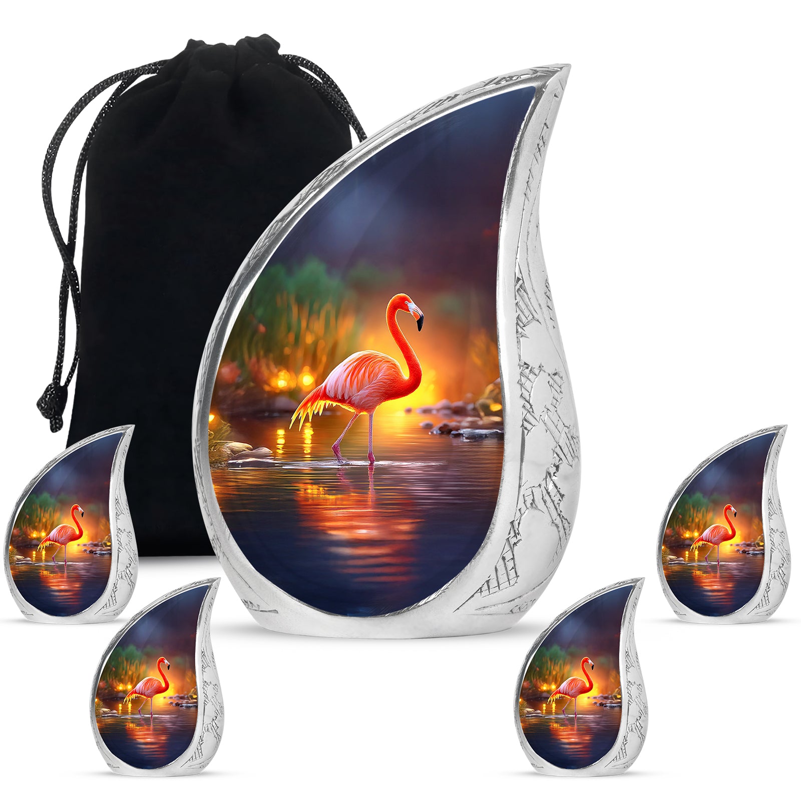 Serene Blue Flamingo Cremation Urn side profile showing urn shape - smooth teardrop contour featuring flamingo art - memorial set with one large and four small urns