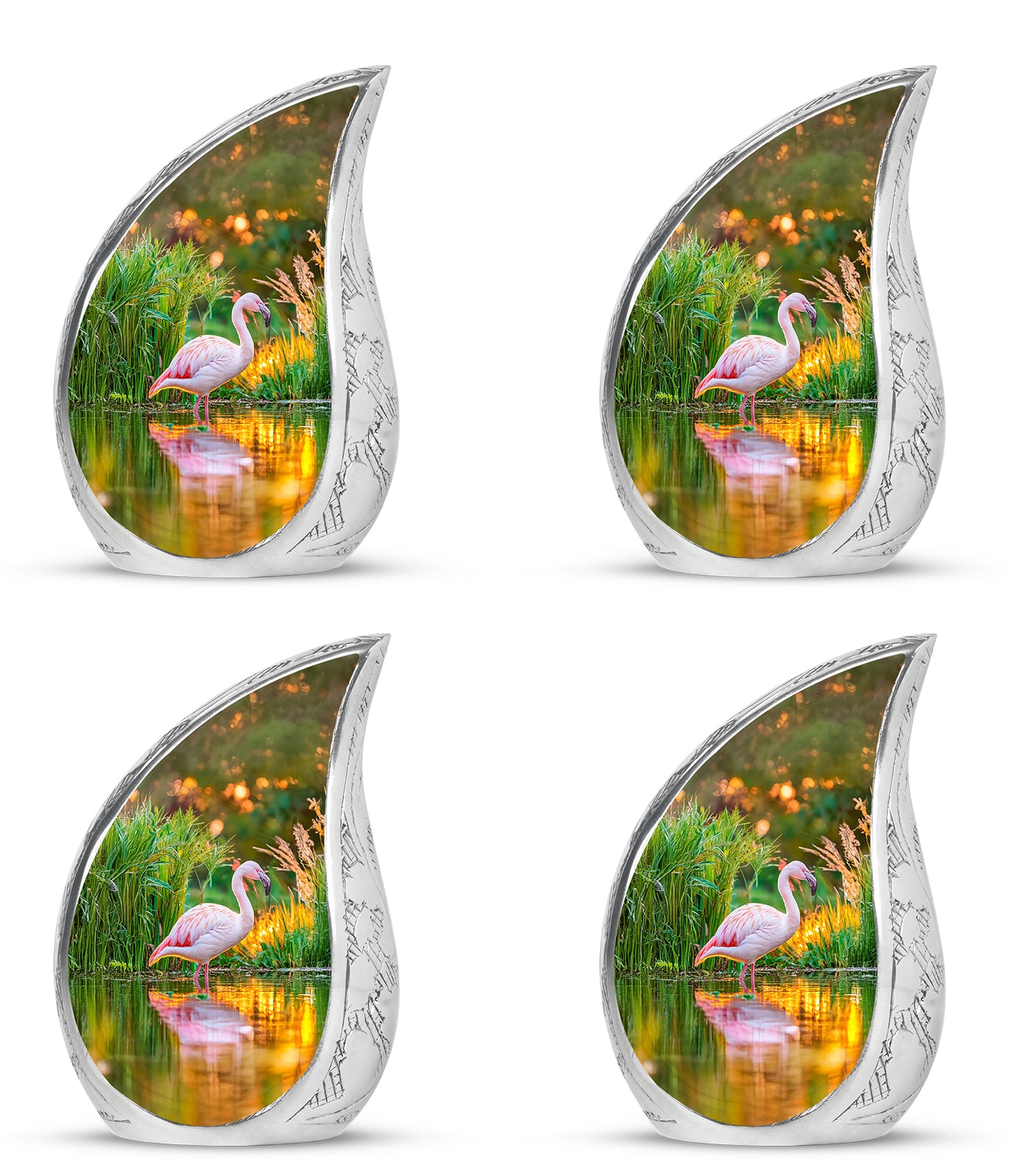 Amber Gold Flamingo Cremation Urn close-up of engraving and surface detail - flowing teardrop flamingo silhouette on curved aluminum - 10 inch aluminum urn for cremated remains