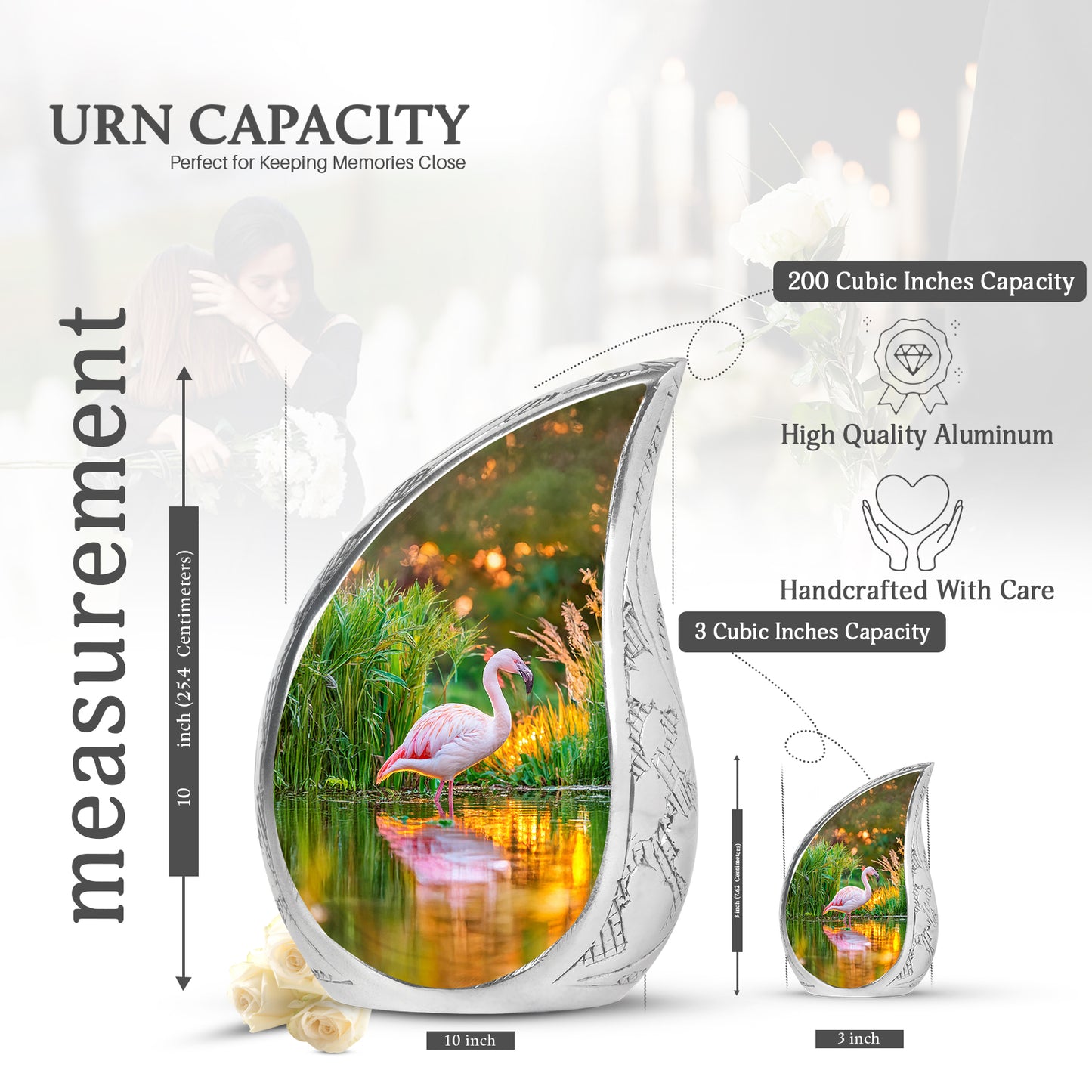 Warm Gold Flamingo Cremation Urn angled view of lid and engraved motif - smooth teardrop contour featuring flamingo art - mini keepsake memorial for portion of cremation ashes
