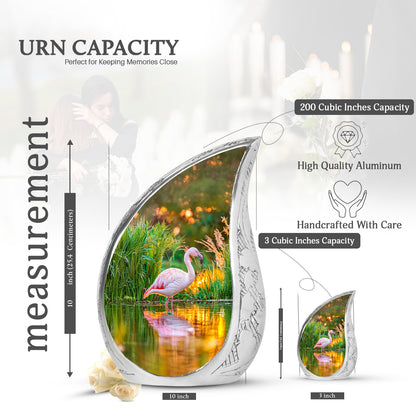 Warm Gold Flamingo Cremation Urn angled view of lid and engraved motif - smooth teardrop contour featuring flamingo art - mini keepsake memorial for portion of cremation ashes