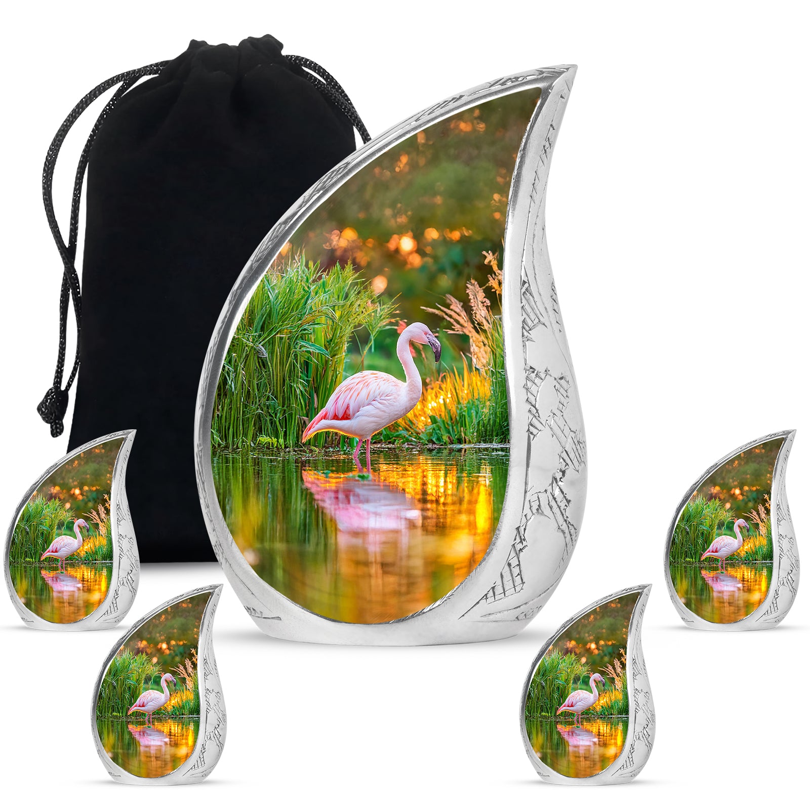Royal Gold Flamingo Cremation Urn side profile showing urn shape - graceful tear-shaped urn with flamingo motif - memorial set with one large and four small urns