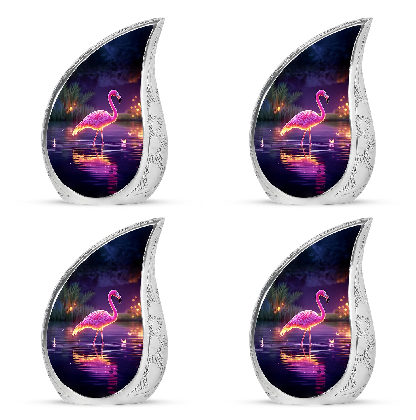 Lavender Purple Flamingo Cremation Urn close-up of engraving and surface detail - smooth teardrop contour featuring flamingo art - 10 inch aluminum urn for cremated remains