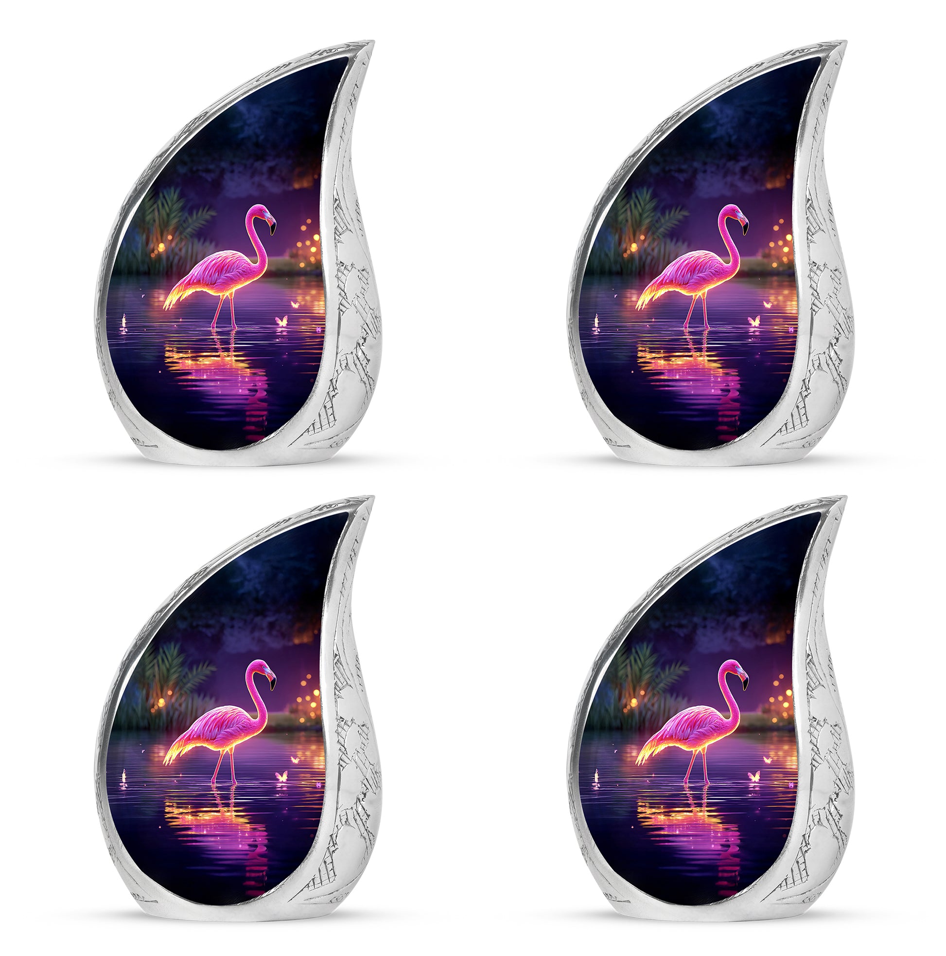 Lavender Purple Flamingo Cremation Urn close-up of engraving and surface detail - smooth teardrop contour featuring flamingo art - 10 inch aluminum urn for cremated remains