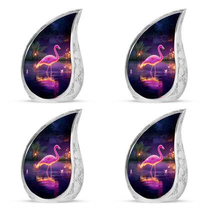 Lavender Purple Flamingo Cremation Urn close-up of engraving and surface detail - smooth teardrop contour featuring flamingo art - 10 inch aluminum urn for cremated remains