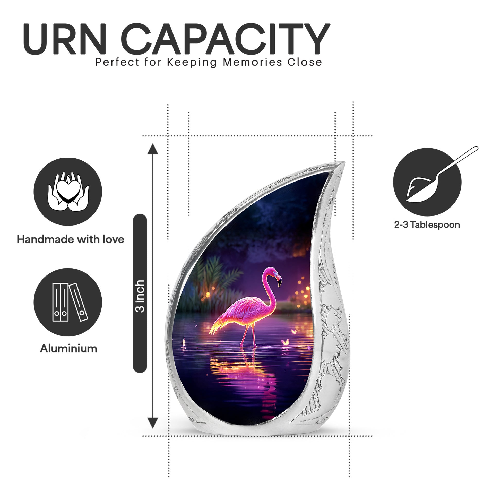 Twilight Purple Flamingo Cremation Urn angled view of lid and engraved motif - graceful tear-shaped urn with flamingo motif - mini keepsake memorial for portion of cremation ashes