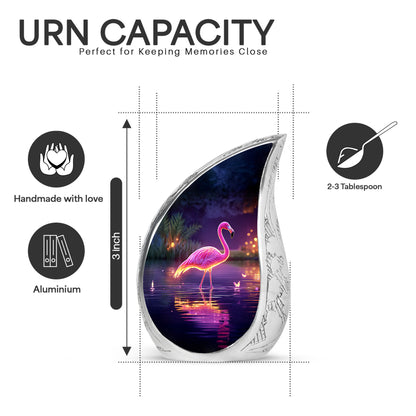 Twilight Purple Flamingo Cremation Urn angled view of lid and engraved motif - graceful tear-shaped urn with flamingo motif - mini keepsake memorial for portion of cremation ashes