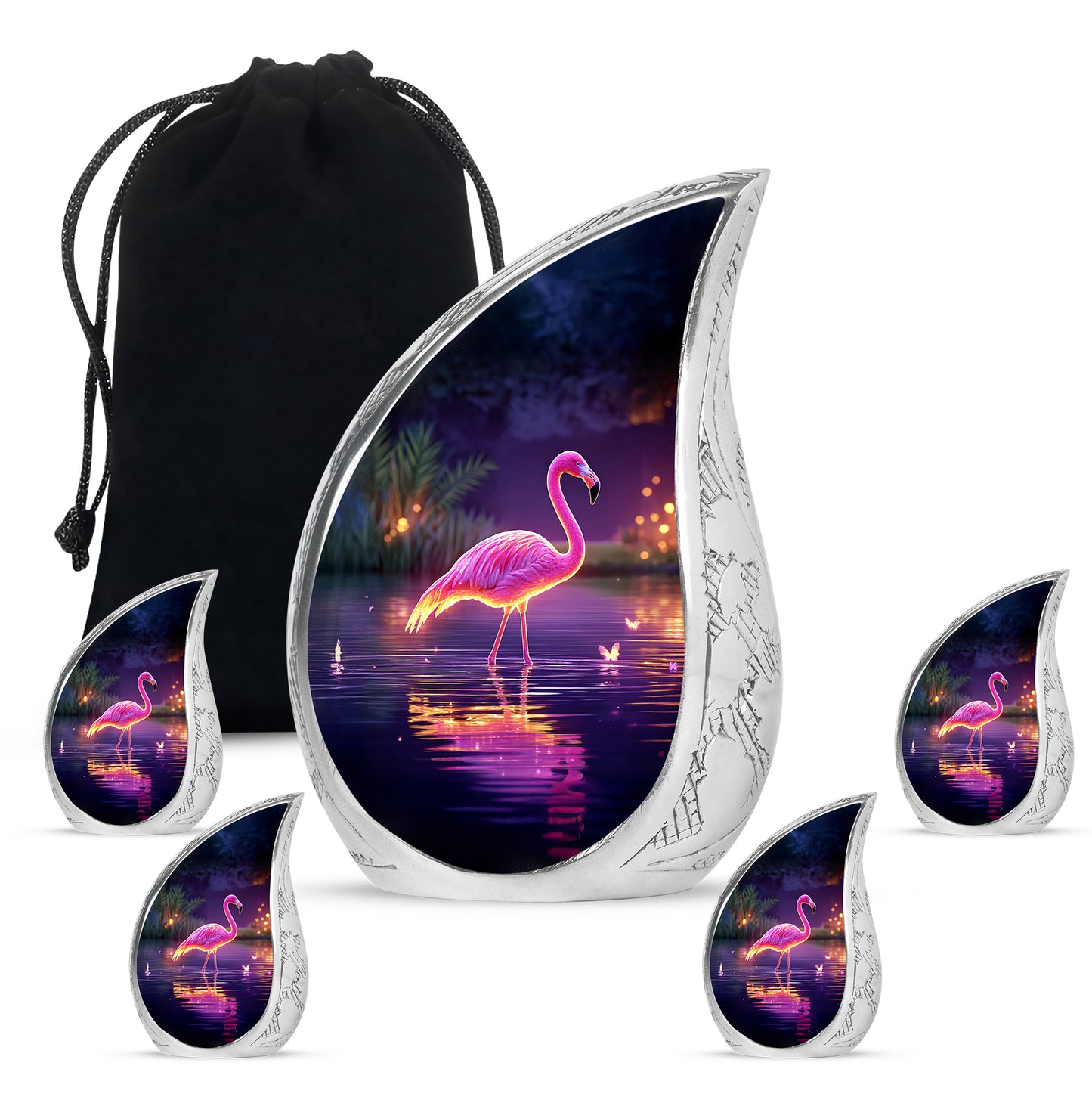 Violet Purple Flamingo Cremation Urn side profile showing urn shape - graceful tear-shaped urn with flamingo motif - memorial set with one large and four small urns