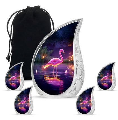 Violet Purple Flamingo Cremation Urn side profile showing urn shape - graceful tear-shaped urn with flamingo motif - memorial set with one large and four small urns