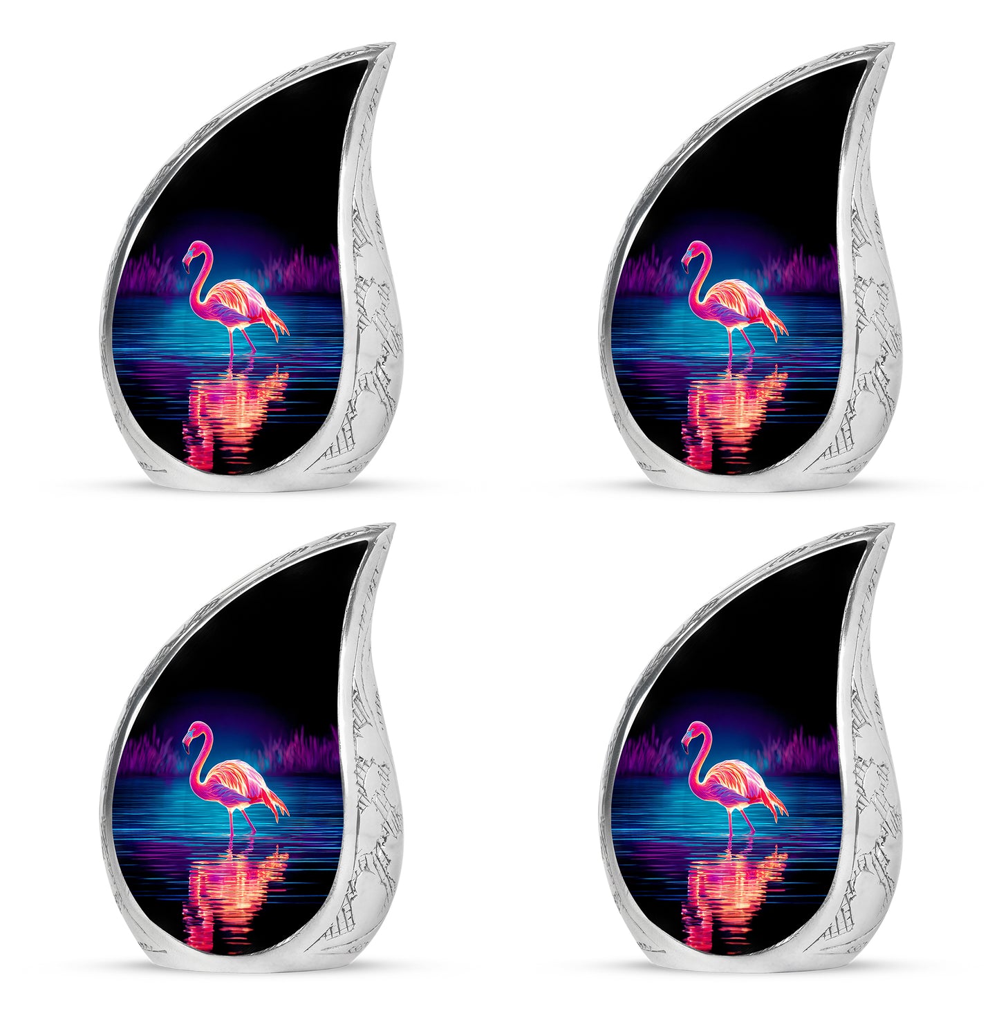 Ebony Flamingo Cremation Urn close-up of engraving and surface detail - flowing teardrop flamingo silhouette on curved aluminum - 10 inch aluminum urn for cremated remains