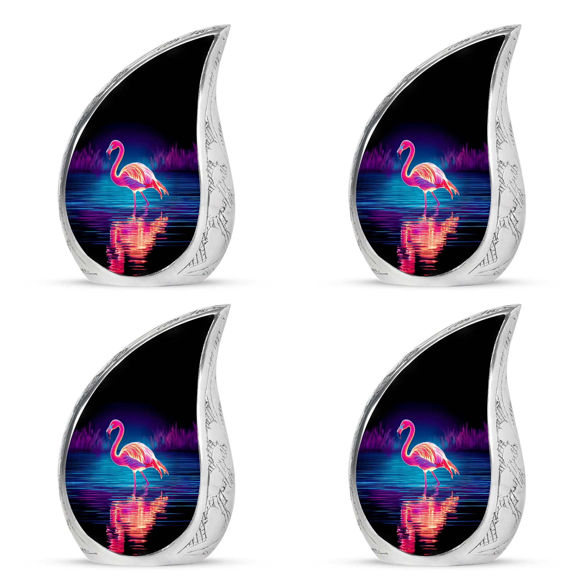 Ebony Flamingo Cremation Urn close-up of engraving and surface detail - flowing teardrop flamingo silhouette on curved aluminum - 10 inch aluminum urn for cremated remains
