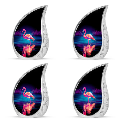 Ebony Flamingo Cremation Urn close-up of engraving and surface detail - flowing teardrop flamingo silhouette on curved aluminum - 10 inch aluminum urn for cremated remains