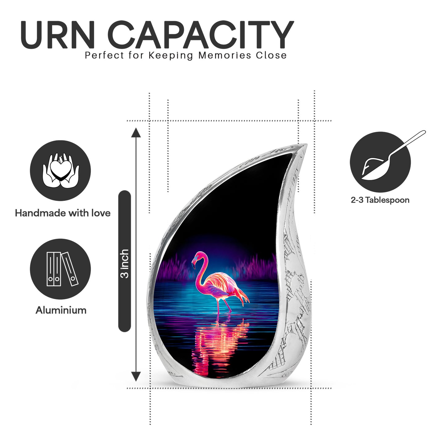 Obsidian Black Flamingo Cremation Urn angled view of lid and engraved motif - smooth teardrop contour featuring flamingo art - mini keepsake memorial for portion of cremation ashes