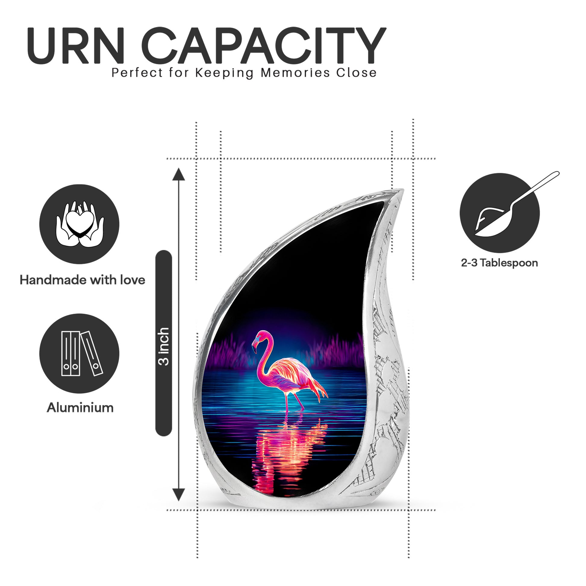 Obsidian Black Flamingo Cremation Urn angled view of lid and engraved motif - smooth teardrop contour featuring flamingo art - mini keepsake memorial for portion of cremation ashes