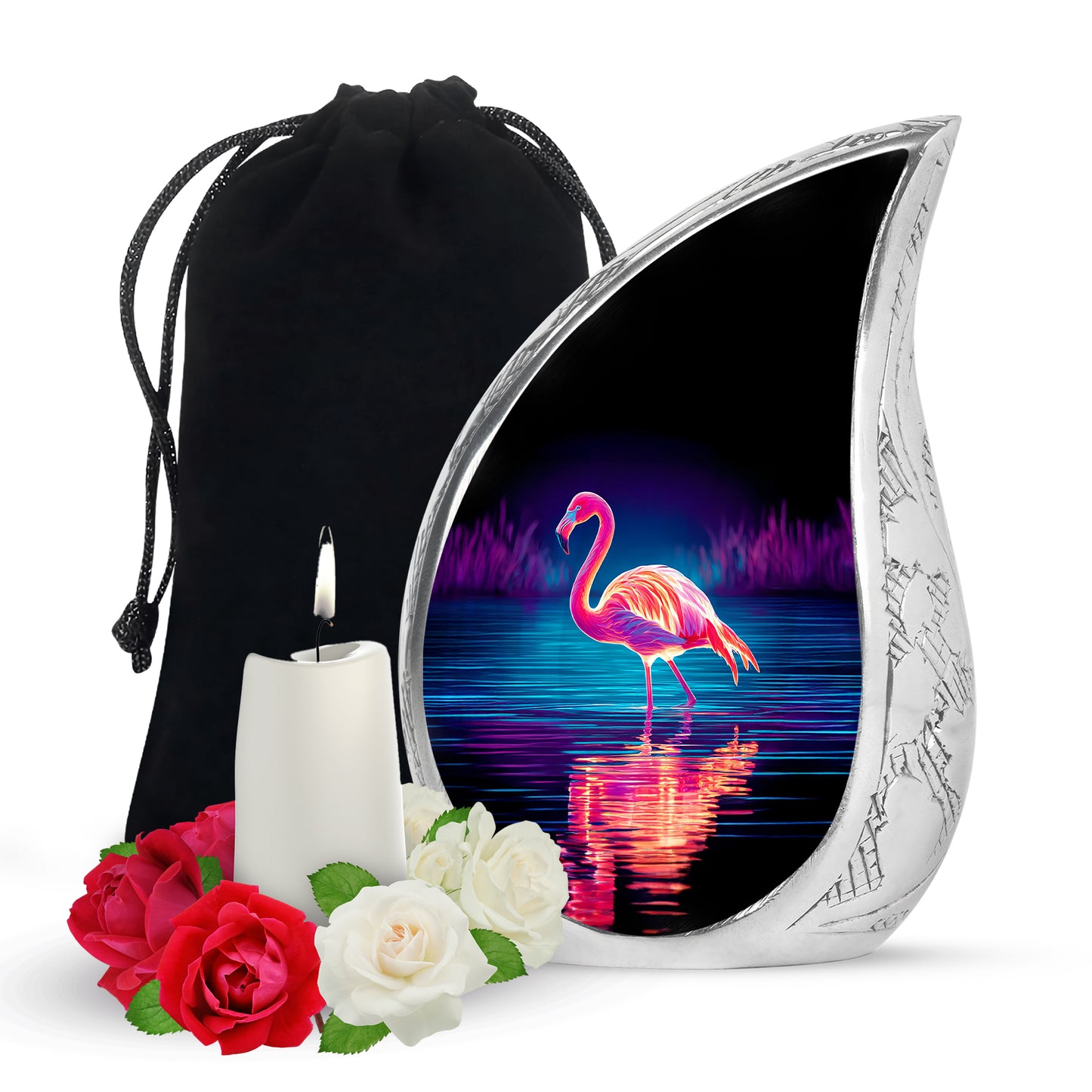 Jet Black Flamingo Cremation Urn front view showing detailed design - flowing teardrop flamingo silhouette on curved aluminum - full-size 10 inch 200 cubic inch adult cremation urn