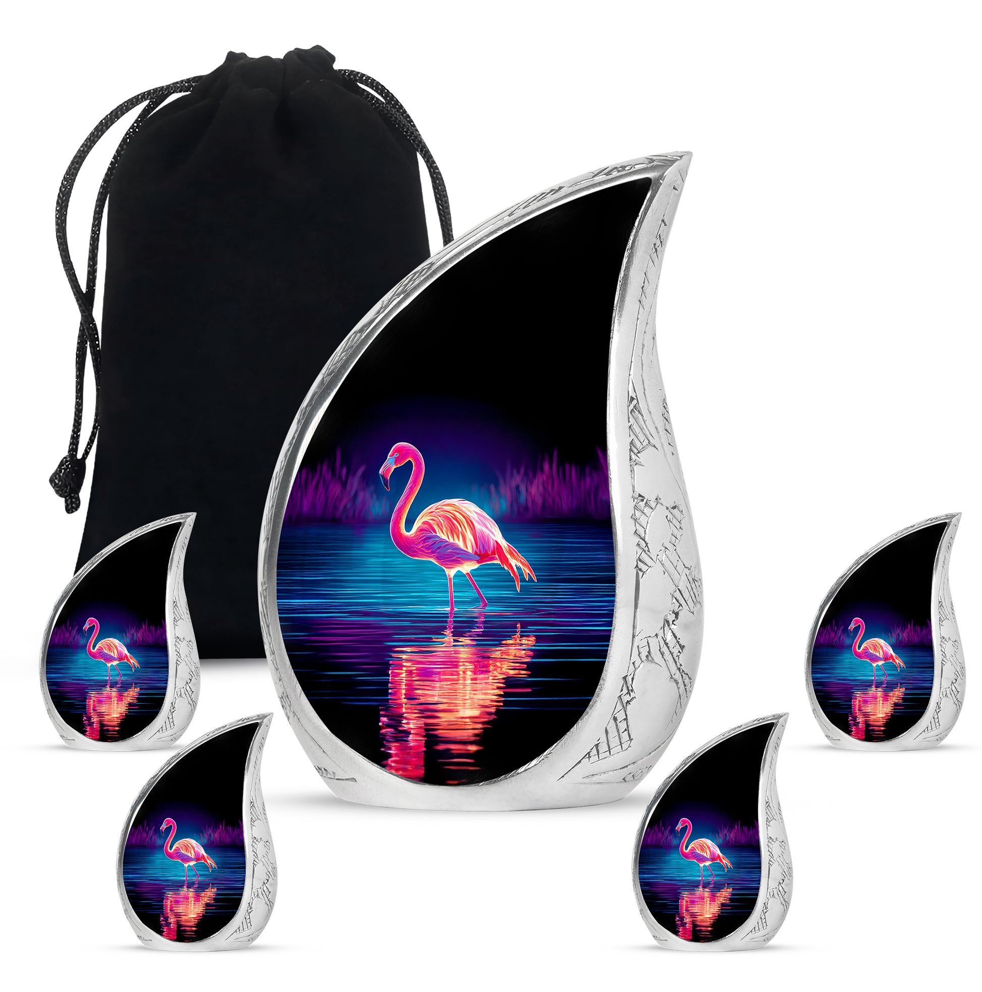 Onyx Black Flamingo Cremation Urn side profile showing urn shape - graceful tear-shaped urn with flamingo motif - memorial set with one large and four small urns