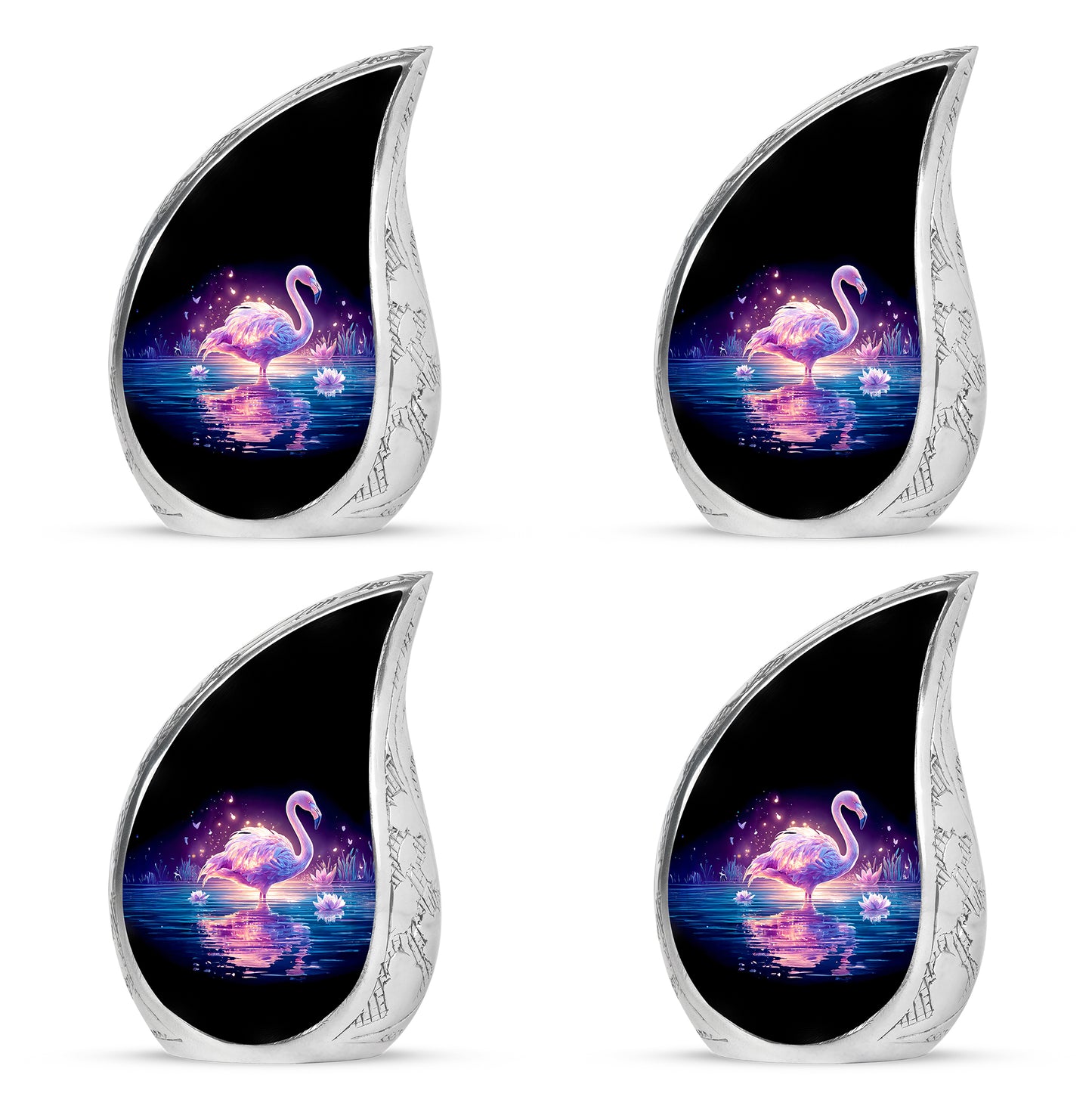 Dark Black Flamingo Cremation Urn close-up of engraving and surface detail - smooth teardrop contour featuring flamingo art - 10 inch aluminum urn for cremated remains