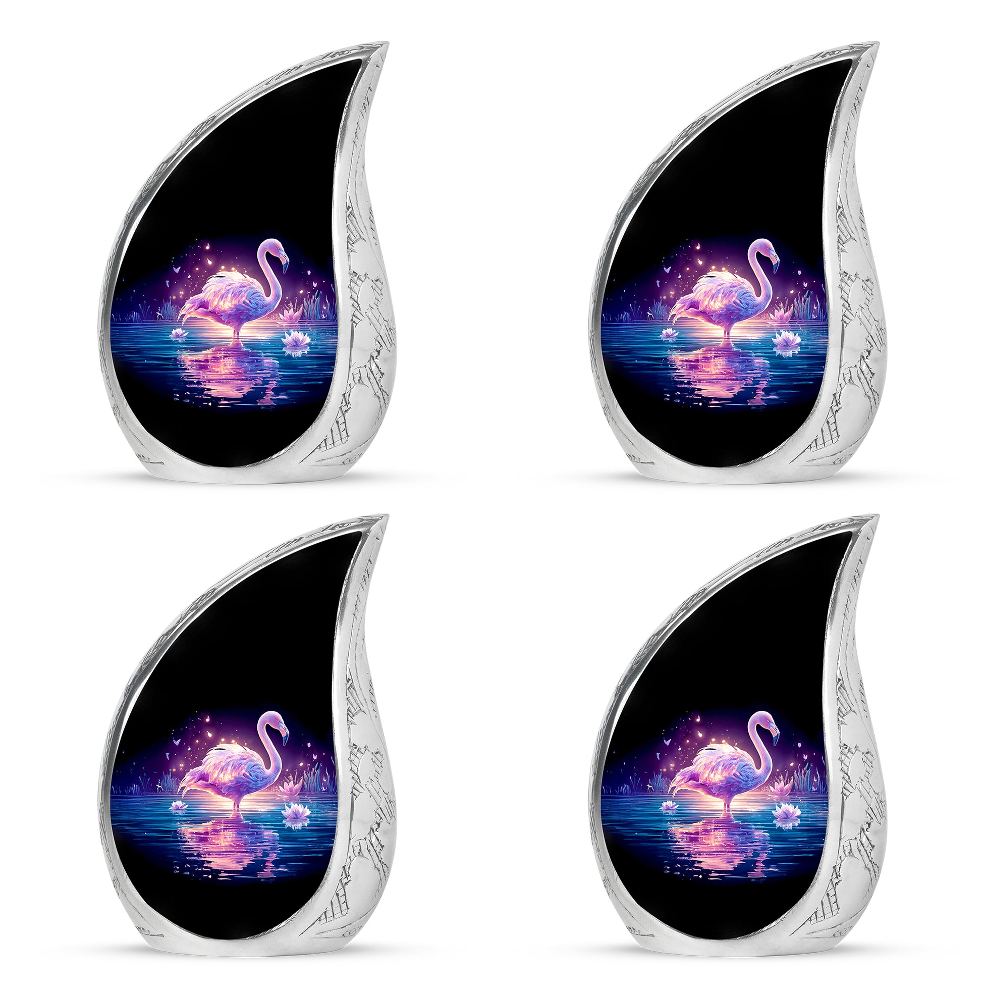 Dark Black Flamingo Cremation Urn close-up of engraving and surface detail - smooth teardrop contour featuring flamingo art - 10 inch aluminum urn for cremated remains
