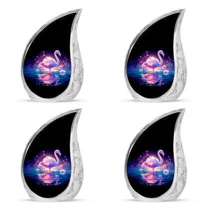 Dark Black Flamingo Cremation Urn close-up of engraving and surface detail - smooth teardrop contour featuring flamingo art - 10 inch aluminum urn for cremated remains