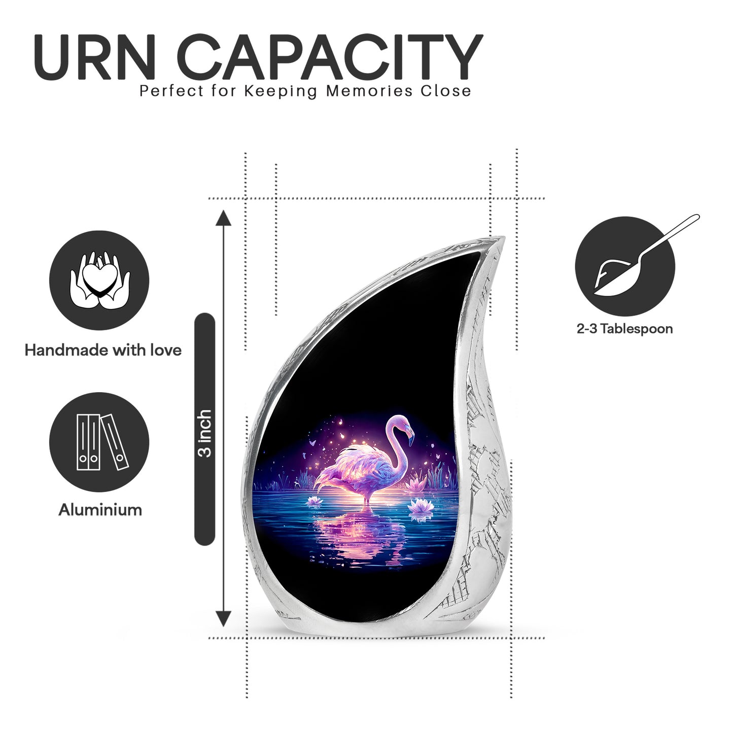 Rich Black Flamingo Cremation Urn angled view of lid and engraved motif - rounded teardrop flamingo design with delicate detail - mini keepsake memorial for portion of cremation ashes