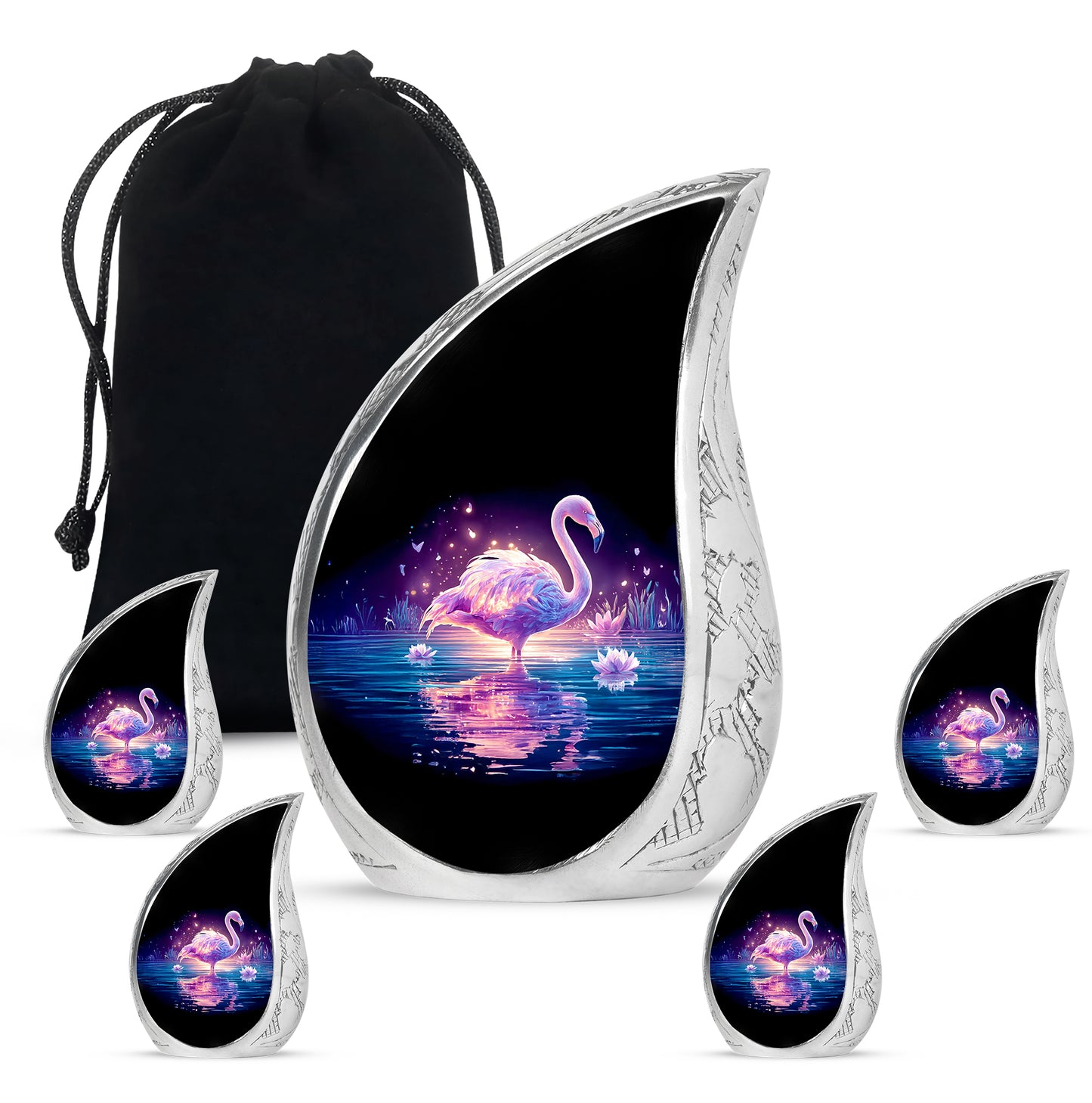Onyx Black Flamingo Cremation Urn side profile showing urn shape - graceful tear-shaped urn with flamingo motif - memorial set with one large and four small urns