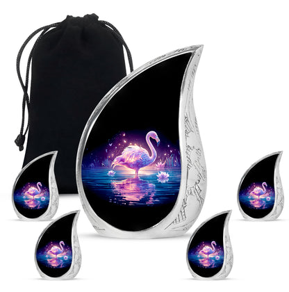 Onyx Black Flamingo Cremation Urn side profile showing urn shape - graceful tear-shaped urn with flamingo motif - memorial set with one large and four small urns