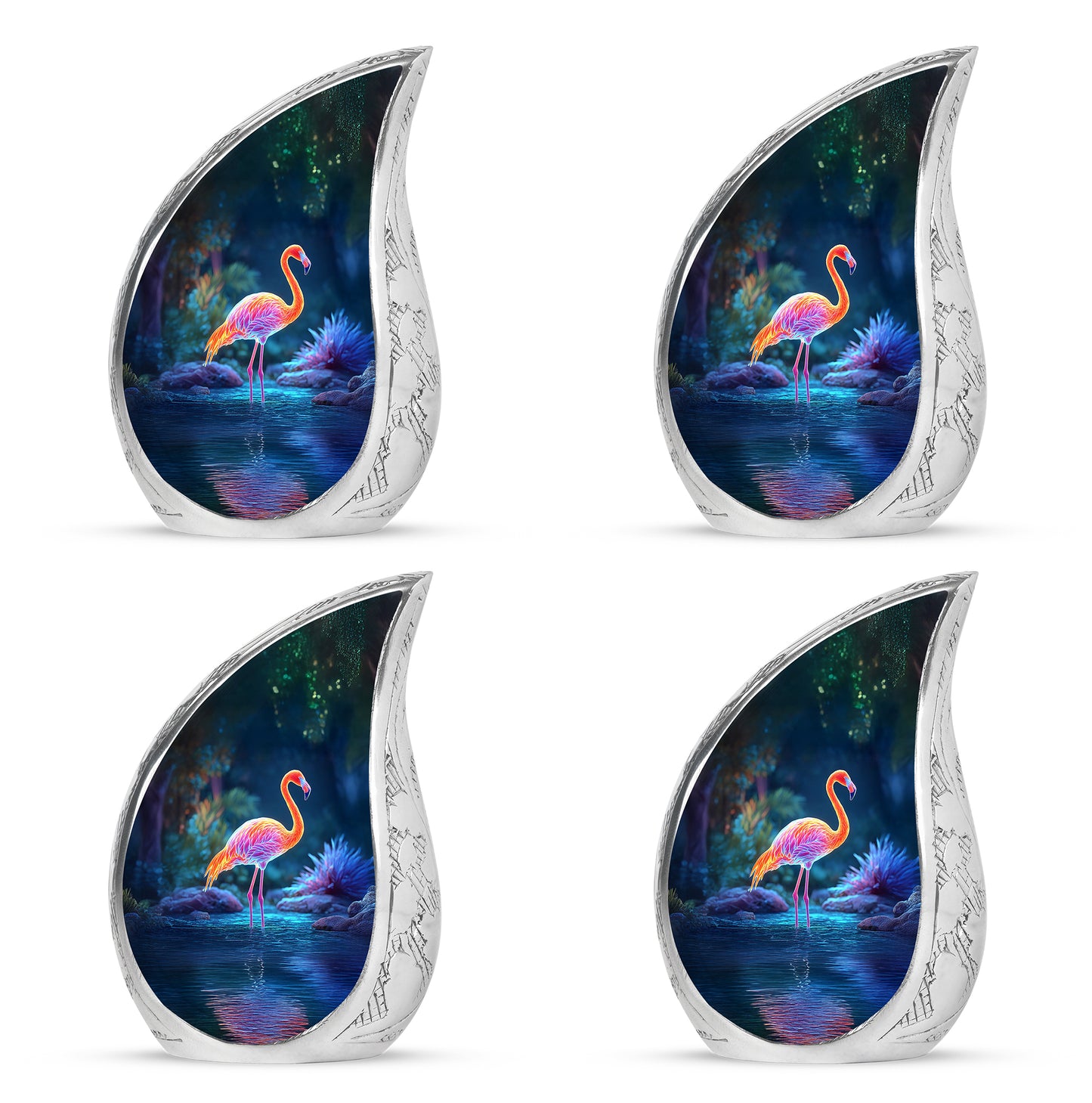 Twilight Blue Flamingo Cremation Urn close-up of engraving and surface detail - graceful tear-shaped urn with flamingo motif - 10 inch aluminum urn for cremated remains