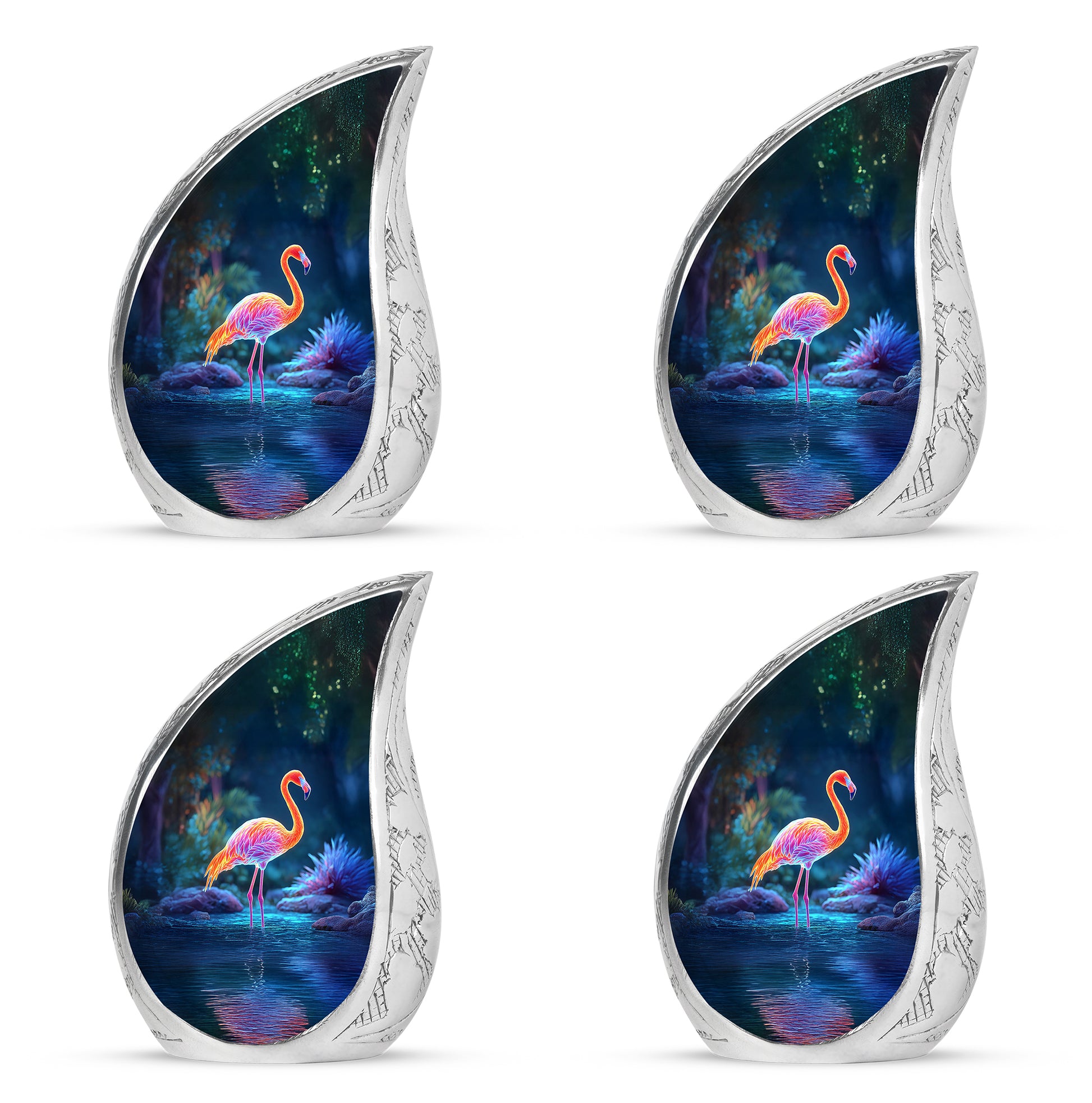 Twilight Blue Flamingo Cremation Urn close-up of engraving and surface detail - graceful tear-shaped urn with flamingo motif - 10 inch aluminum urn for cremated remains