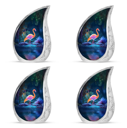Twilight Blue Flamingo Cremation Urn close-up of engraving and surface detail - graceful tear-shaped urn with flamingo motif - 10 inch aluminum urn for cremated remains