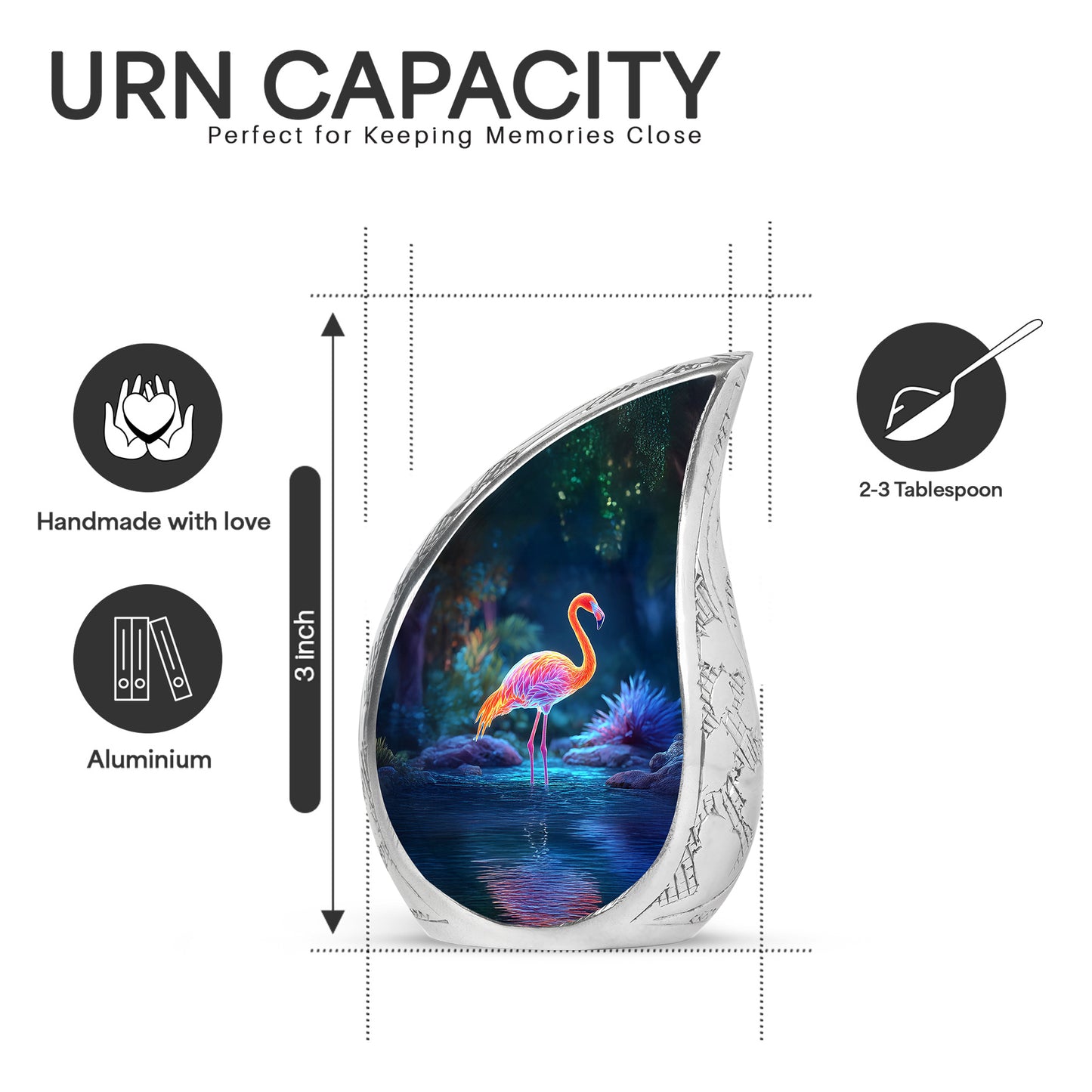 Sapphire Blue Flamingo Cremation Urn angled view of lid and engraved motif - graceful tear-shaped urn with flamingo motif - mini keepsake memorial for portion of cremation ashes