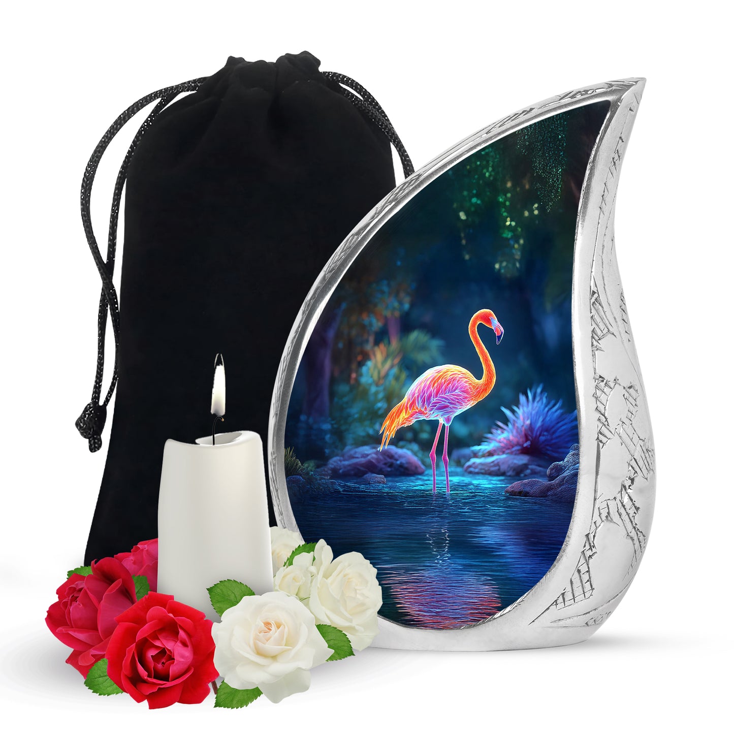 Cornflower Blue Flamingo Cremation Urn front view showing detailed design - graceful tear-shaped urn with flamingo motif - full-size 10 inch 200 cubic inch adult cremation urn