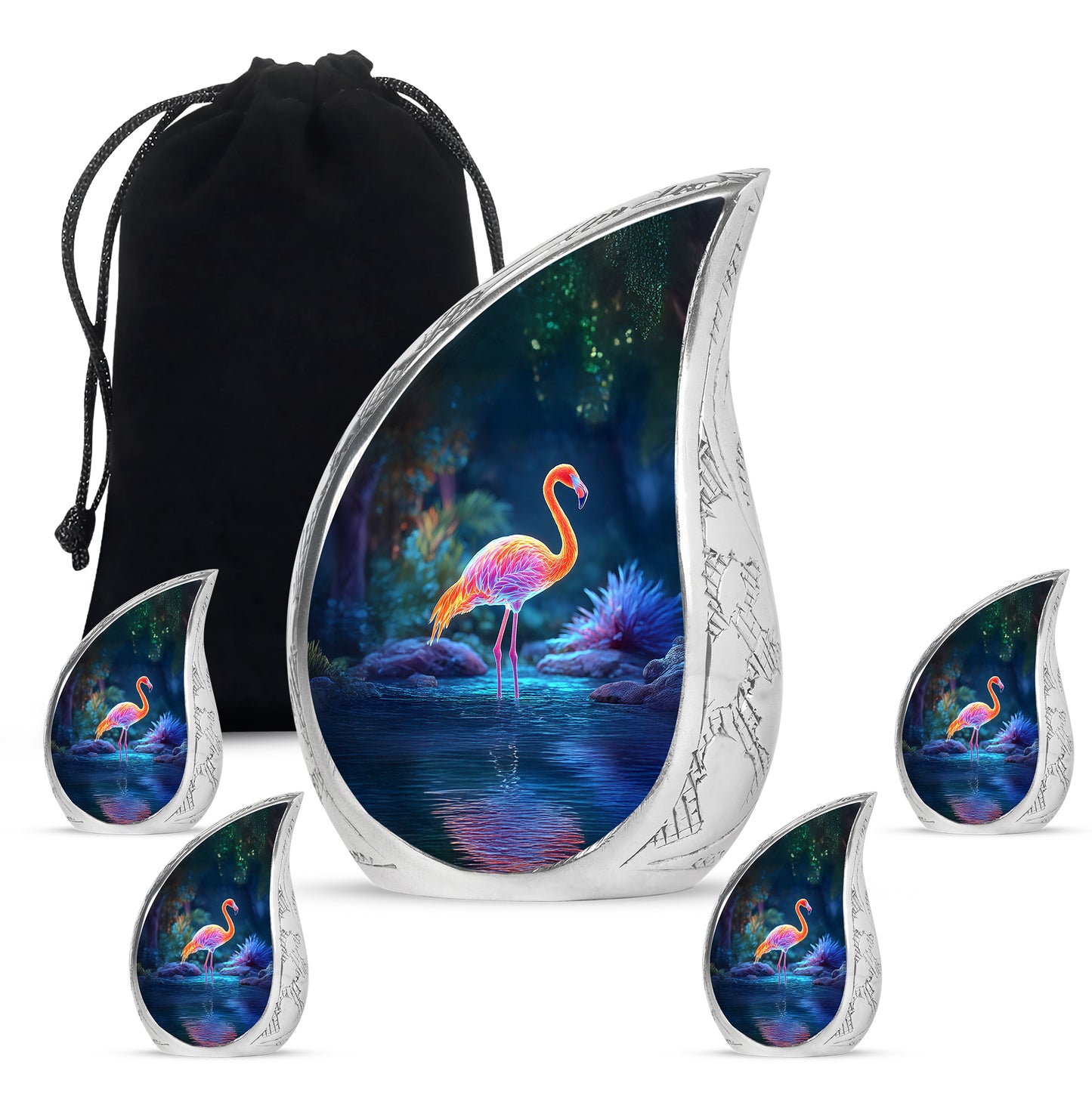 Icy Blue Flamingo Cremation Urn side profile showing urn shape - rounded teardrop flamingo design with delicate detail - memorial set with one large and four small urns
