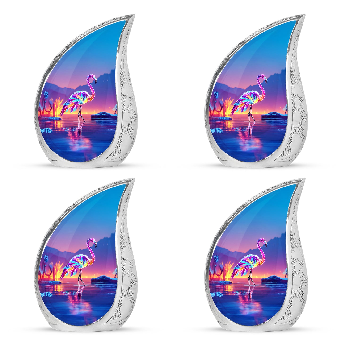 Dusty Blue Flamingo Cremation Urn close-up of engraving and surface detail - flowing teardrop flamingo silhouette on curved aluminum - 10 inch aluminum urn for cremated remains