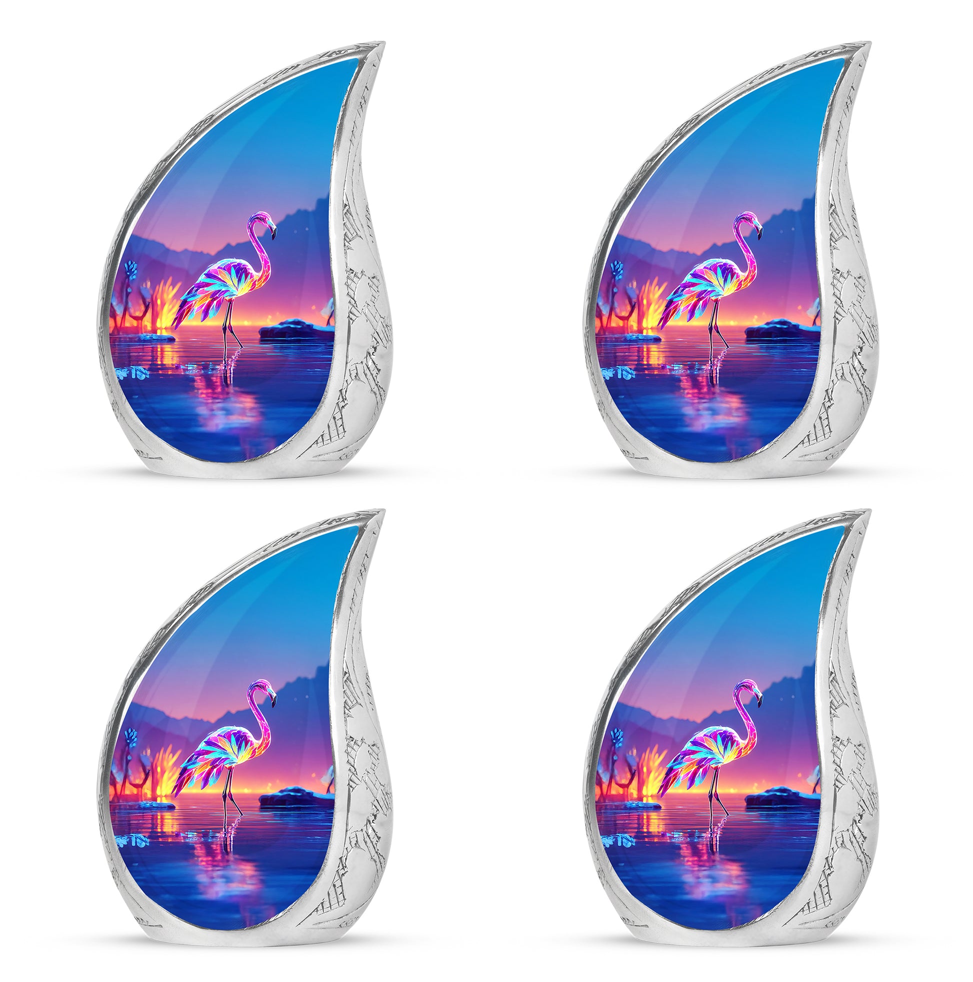 Dusty Blue Flamingo Cremation Urn close-up of engraving and surface detail - flowing teardrop flamingo silhouette on curved aluminum - 10 inch aluminum urn for cremated remains