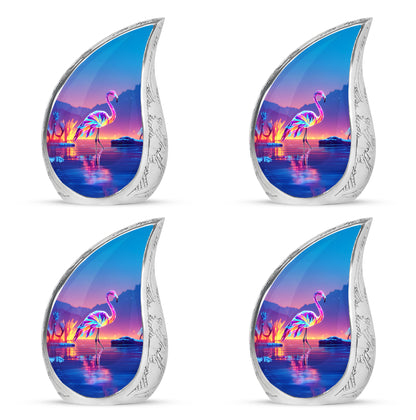 Dusty Blue Flamingo Cremation Urn close-up of engraving and surface detail - flowing teardrop flamingo silhouette on curved aluminum - 10 inch aluminum urn for cremated remains