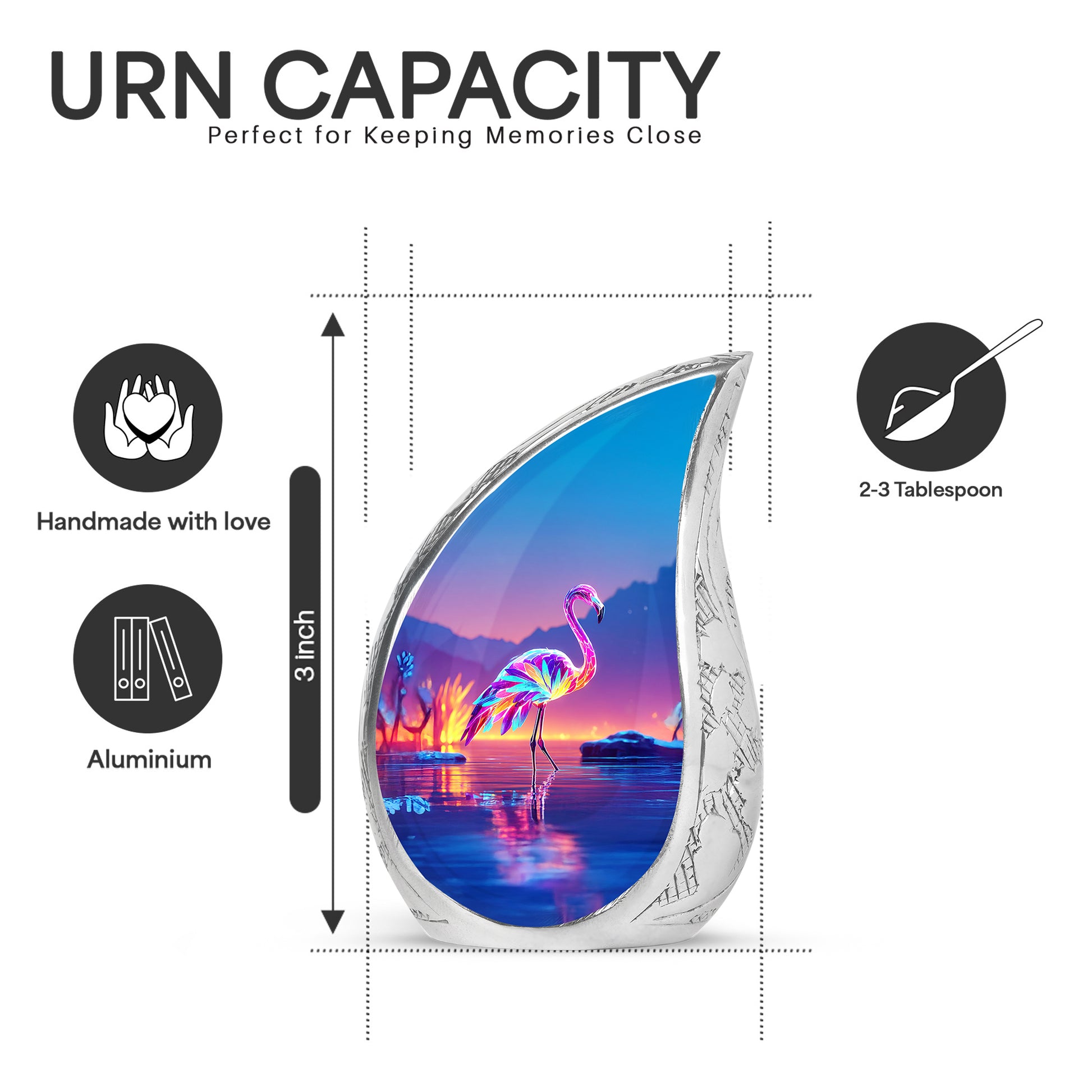 Calming Blue Flamingo Cremation Urn angled view of lid and engraved motif - smooth teardrop contour featuring flamingo art - mini keepsake memorial for portion of cremation ashes