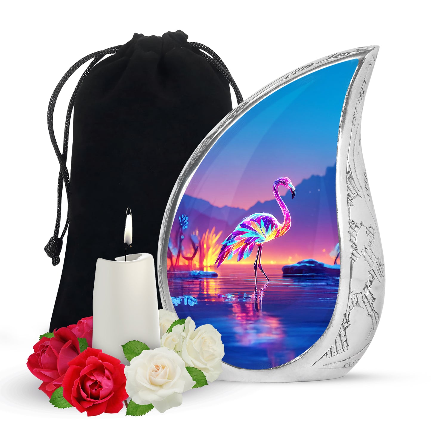 Navy Blue Flamingo Cremation Urn front view showing detailed design - rounded teardrop flamingo design with delicate detail - full-size 10 inch 200 cubic inch adult cremation urn
