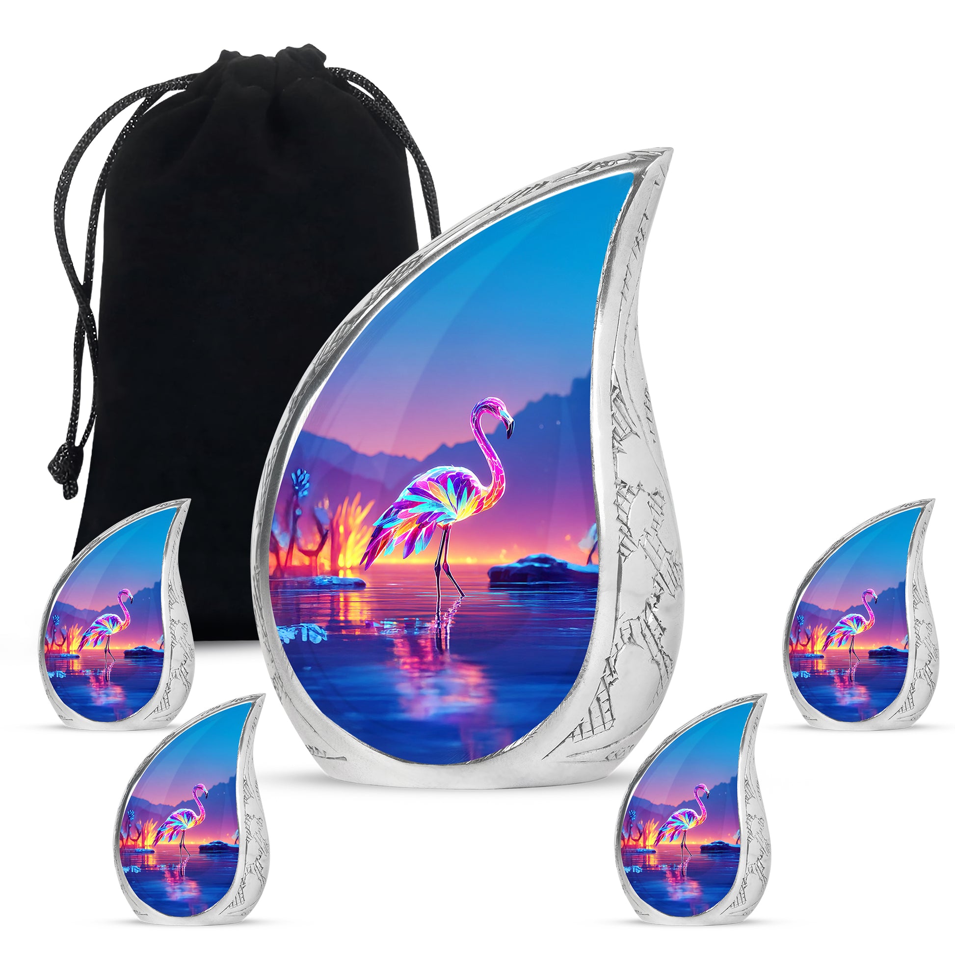 Azure Flamingo Cremation Urn side profile showing urn shape - flowing teardrop flamingo silhouette on curved aluminum - memorial set with one large and four small urns