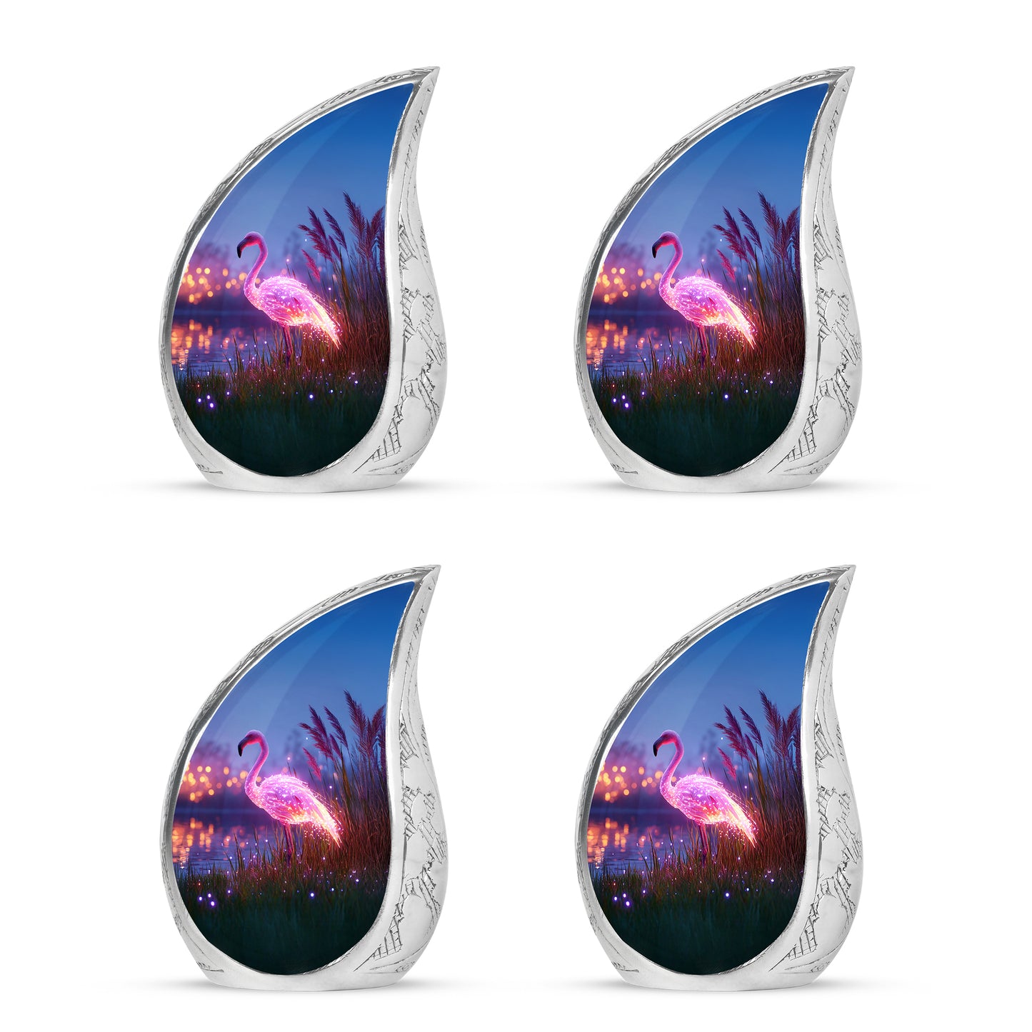 Cornflower Blue Flamingo Cremation Urn close-up of engraving and surface detail - smooth teardrop contour featuring flamingo art - 10 inch aluminum urn for cremated remains