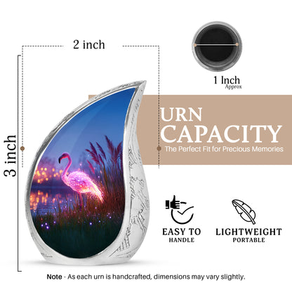 Navy Blue Flamingo Cremation Urn angled view of lid and engraved motif - rounded teardrop flamingo design with delicate detail - mini keepsake memorial for portion of cremation ashes