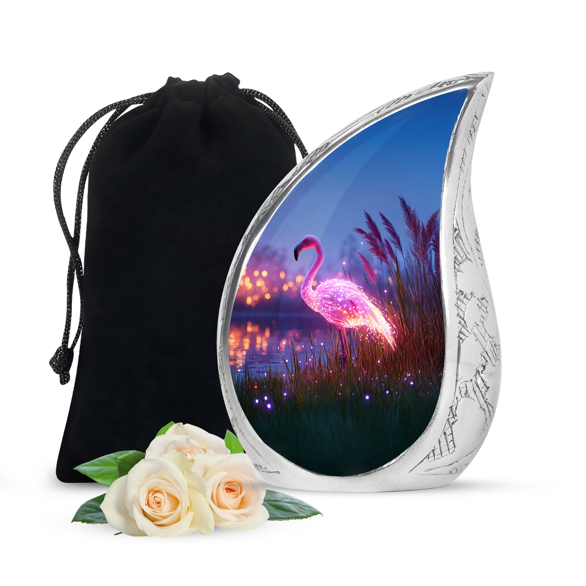 Soft Blue Flamingo Cremation Urn front view showing detailed design - smooth teardrop contour featuring flamingo art - full-size 10 inch 200 cubic inch adult cremation urn