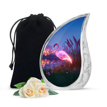 Soft Blue Flamingo Cremation Urn front view showing detailed design - smooth teardrop contour featuring flamingo art - full-size 10 inch 200 cubic inch adult cremation urn