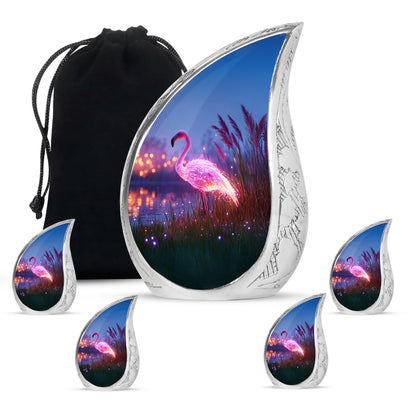 Soft Blue Flamingo Cremation Urn side profile showing urn shape - smooth teardrop contour featuring flamingo art - memorial set with one large and four small urns