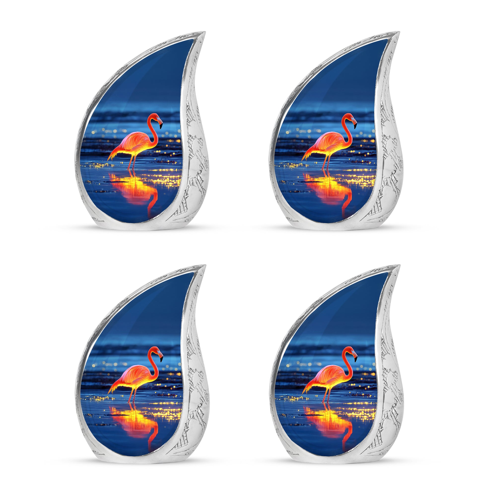 Slate Blue Flamingo Cremation Urn close-up of engraving and surface detail - flowing teardrop flamingo silhouette on curved aluminum - 10 inch aluminum urn for cremated remains