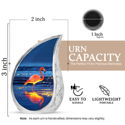 Indigo Flamingo Cremation Urn angled view of lid and engraved motif - rounded teardrop flamingo design with delicate detail - mini keepsake memorial for portion of cremation ashes